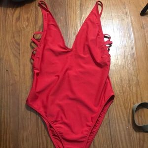 Red high waisted one piece bathing suit